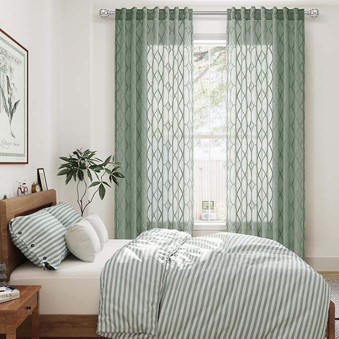 Hokibero Desert Sage Sheer Curtains 96 Inch Length for Living Room 2 Panels Back Tab Rod Pocket Boho Farmhouse Drapes Light Filtering Privacy Embroiderd Textured Rustic Curtain for Bedroom 52x96
