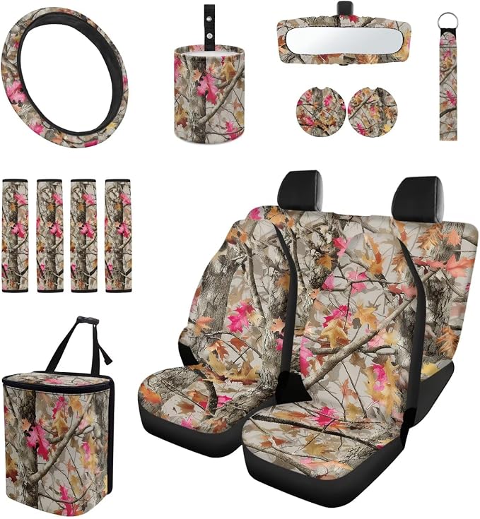 Camo Maple Leaf Car Seat Covers Set of 15 with Universal Steering Wheel Cover, Rearview Mirror Cover, Car Trash Can, Seatbelt Pads, Cup Holder Coasters, Keychains