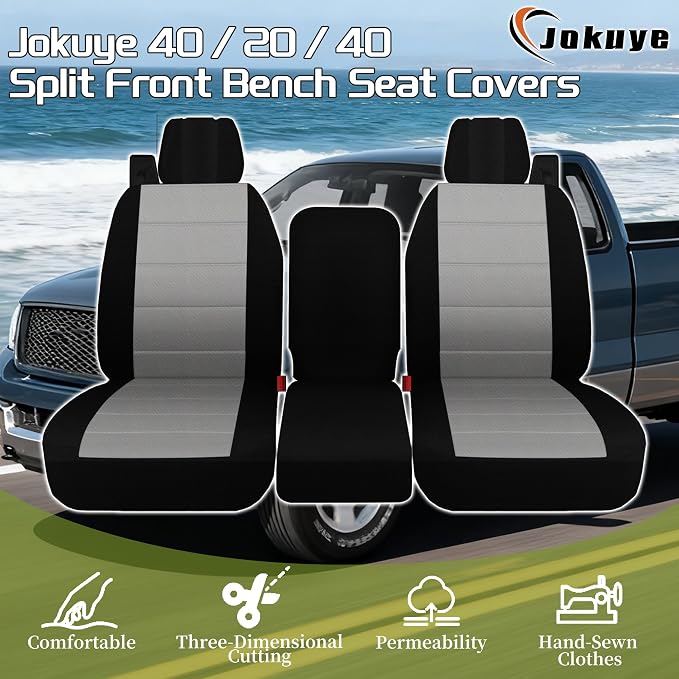 Jokuye 40/20/40 Split Front Bench Seat Covers for Ford F150 XL Standard Cab 2004 2005 2006 2007 2008, Heavy-Duty Oxford Fabric with Integrated Seatbelts & Center Armrest Cover - Gray
