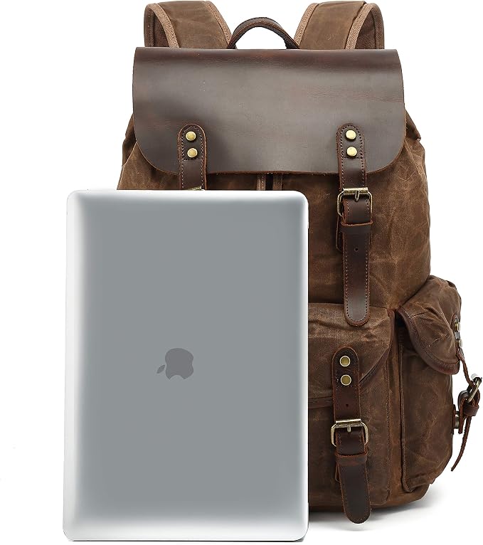 Genuine Leather Canvas waxed Backpack Travel Rucksack Laptop Bag