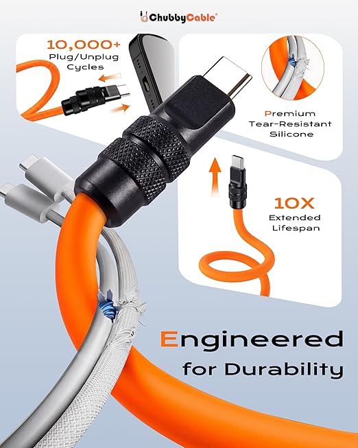 chubbycable Black Chubby Pro - Samurai Cable 120W USB-C Cable Silicone Fast Charging USB C Charger Cord Compatible with iPhone 17-15 Series iPad Galaxy Series, White, USB-A to Type-C, 3.3FT