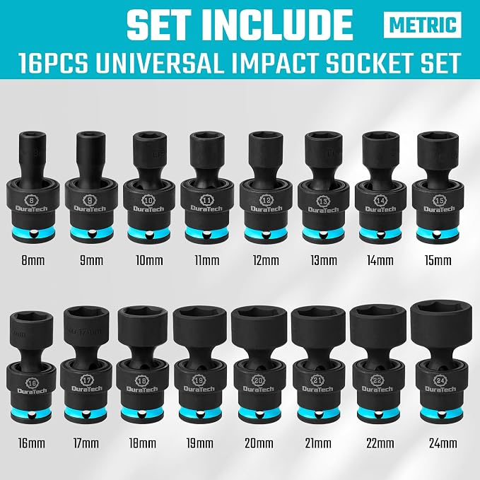 DURATECH 3/8" Drive Impact Swivel Socket Set, 16 Pieces Shallow Universal Impact Socket Set with Flexible Wobble, Metric, Cr-Mo Steel, 6 Points, Organized in Sturdy Storage Case(8-24mm)
