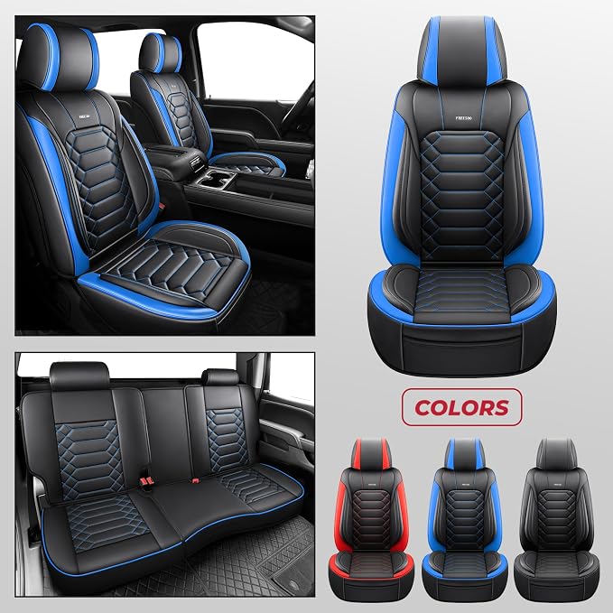 FREESOO for Silverado 2014-2018 Faux Leather Full Set Seat Covers, Fit for Chevy Silverado GMC Sierra 1500 2500 3500 Crew Cab Waterproof Truck Seat Covers BlackBlue