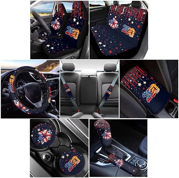 Wanyint Car Seat Cover Set, with Steering Wheel Seat Belt Pads Center Console Handbrake Gear Shift Cover Cup Coaster Holder for US 250th Anniversary, Pack of 12, American Flag Hibiscus Star Stripe