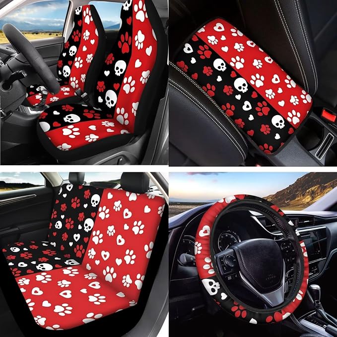 Dog Paw Print Car Seat Cover Sets Full Set Skull Love Print Front and Rear Car Seat Covers Steering Wheel Cover Safety Belt Pads Headrest Protectors Center Console Pad Keychain