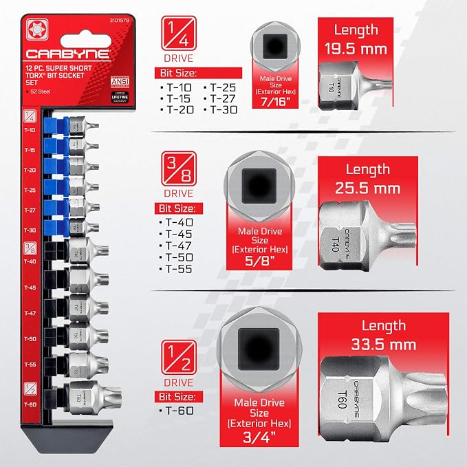 CARBYNE 12-Piece Torx Stubby Low Profile Bit Socket Set, T10 to T60, S2 Steel, Dual Drive Internal Square and External Hex Drive for Tight Confined Spaces, Genuine Licensed Torx