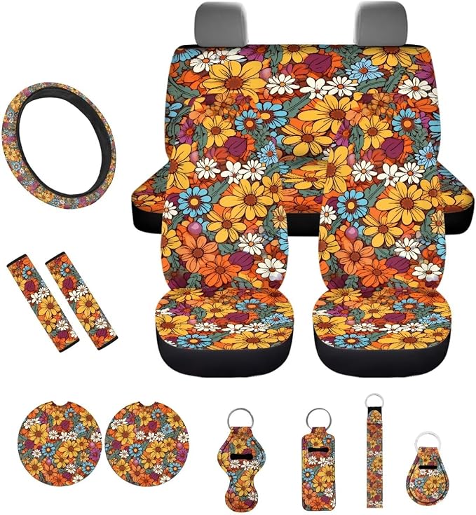 Car Accessories Full Set of 13 Pack Car Seat Cover Steering Cover,Seat Belt Covers,Keychain,Lipstick Holder,Coaster, Universal Fit, Colorful Hippie Daisy Floral Print