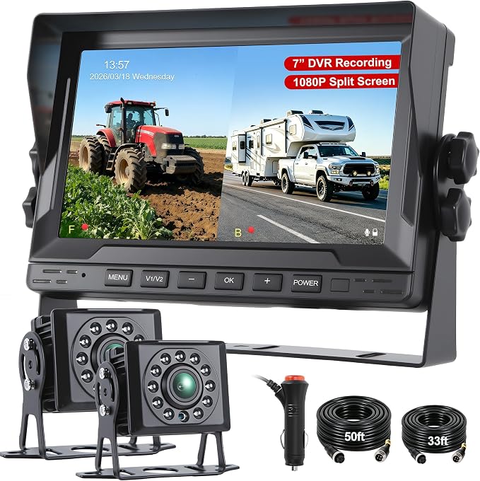 Wired Dual RV Backup Camera System with 7.1" Split Screen | 1080P IP69 Waterproof IR Night Vision Camera, DVR Loop Recording & 24H Parking for RV Truck Trailer Tractor Boat Skid Steer