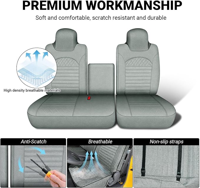 Custom Fit Seat Cover for 2006-2025 Isuzu NPR 40/60 Split Bench, Breathable Linen Front Bench Seat Cover with Back Storage Bag, Truck Seat Protector, Easy to Install