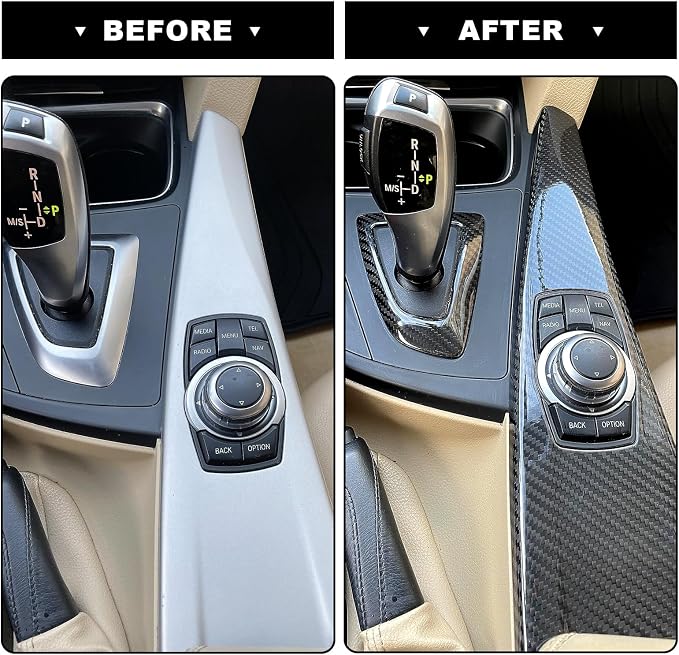 Real Carbon Fiber Center Console Trim Kit Compatible with 2012-2019 BMW 3 Series F30 F31 F34, 2014-2020 BMW 4 Series F32 F36, Gear Shift Panel & Multimedia Button Cover – Not Fit F33