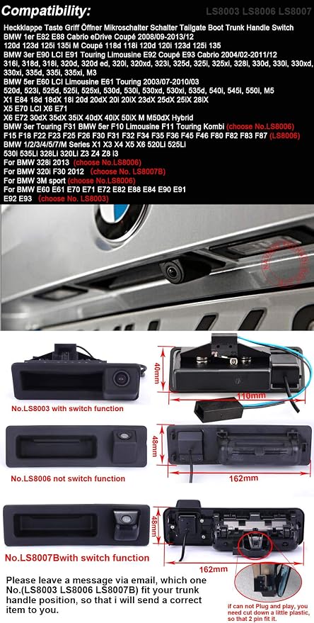 HD Trunk Handle 170° Rear View Reversing Camera Parking Aids System Compatible with BMW 520Li 525Li 530i 535Li 328Li 320Li Z3 Z4 Z8 i3/328i/F30 316i/F15/E60 E61 E70 E71 E72 E82 E88 E84 E90 E91 E92 E93