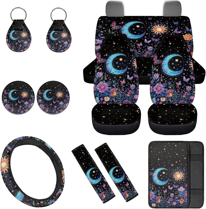 Moon Floral 12 Pcs Car Seat Covers with Steering Wheel Cover,Seat Belt Covers Cup Holder Keychain Holder Elastic Fabrics Universal Fit for Most Cars,SUVs