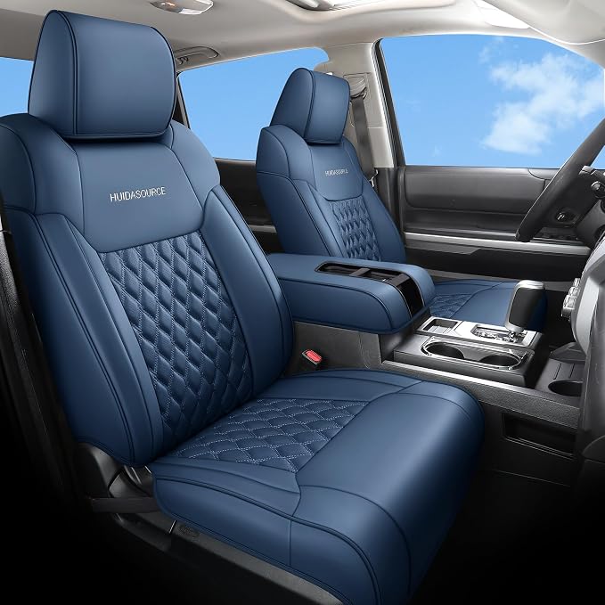 Huidasource fit for Toyota Tundra Seat Covers, Nappa Leather Truck Seat Covers, 360° Full-Coverage Toyota Seat Cover 2014-2021 CrewMax, Compatible with armrest airbags (Full Set/Blue)