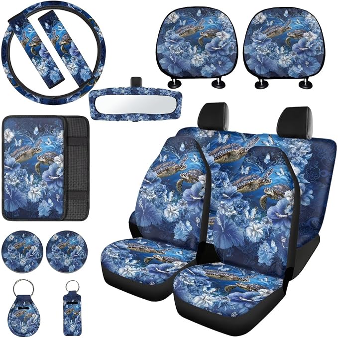 Sea Turtle Car Seat Covers Full Set Hibiscus Printed Car Interior Accessories Set Included Steering Wheel Cover Seat Belt Pad Armrest Protector Coaster for Auto, Blue