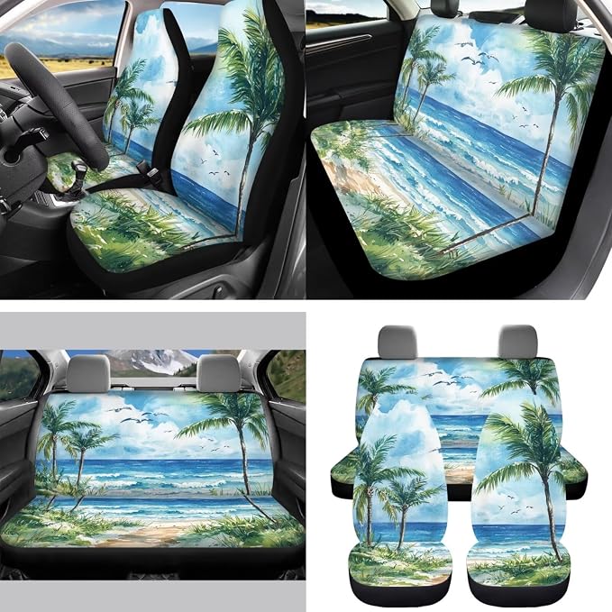 Tropical Palm Beach 15 PCS Car Seat Cover Set with Auto Steering Wheel Cover Seat Belt Strap Protector Cup Holder Trash Bag Rear View Mirror Protector Keychain