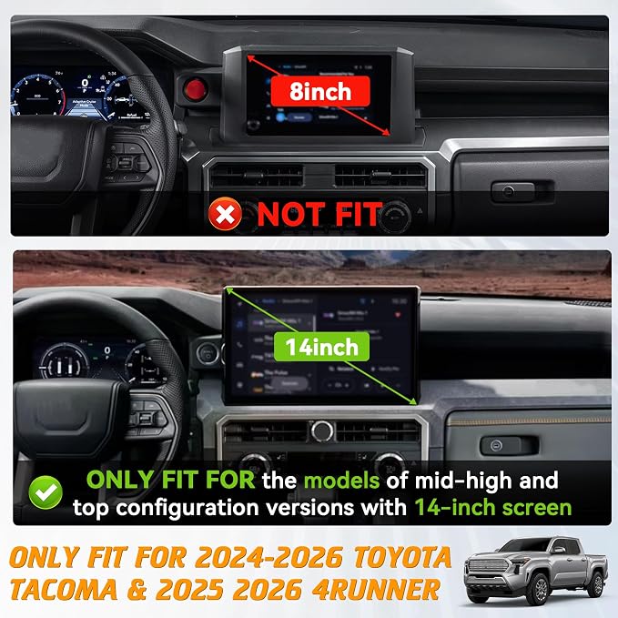 Phone Holder Dash Organizer Fit for Toyota Tacoma 2024-2026 | Fit for Toyota 4Runner 2025-2026 14 in screen, 360 Degree behind screen storage tray, not fit for 8 in screen