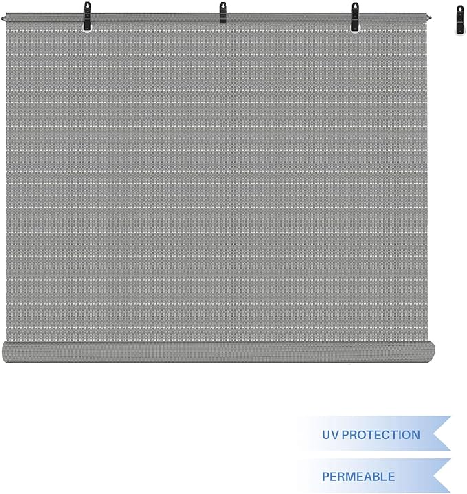 E&K Sunrise 4'W x 5.5'H Roll Up Shade Outdoor Hollow Out Roller Shade Blind for Patio, Porch, Backyard, Gazebo, Deck, Pergola (Light Gray)