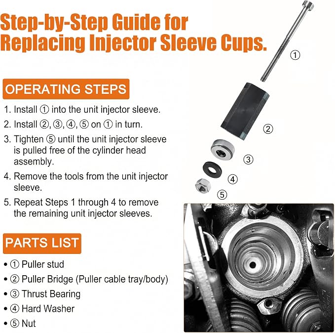 Injector Sleeve Remover Kit for CAT 3406E C15 C16, 9U-6891 Cup Puller, J-42083 Timing Pin, 9U-7227 Height Gauge, J-38587-A Barring Socket, Heavy Duty Engine Maintenance Tool Set (9-Piece)