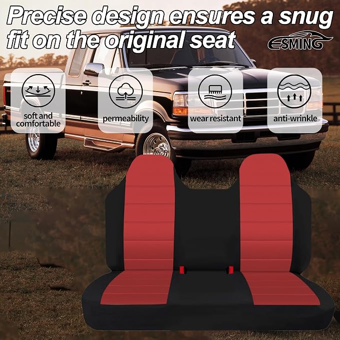 ESMING Front Bench Seat Cover with Molded Headrests for Ford F150 F250 F350 1992 1993 1994 1995 1996 1997 1998 Heavy-Duty Oxford Fabric No Center Armrest Washable Truck Seat Protector - Red