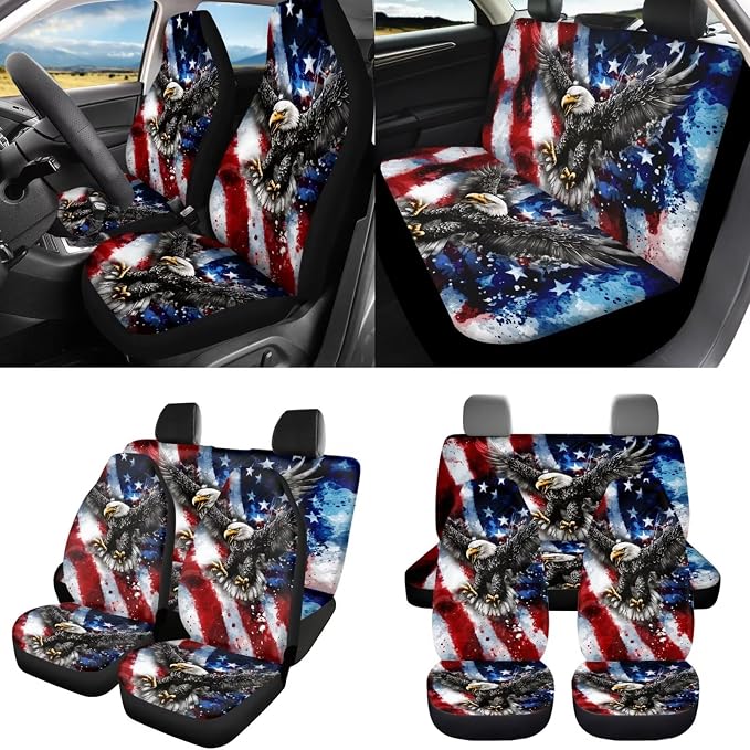 8 Pcs American Flag Eagle Car Seat Covers Full Set Car Accessories for Women Front Seat Cover Steering Wheel Armrest Cover Seat Belt Cover for Auto SUV Interior Decoration