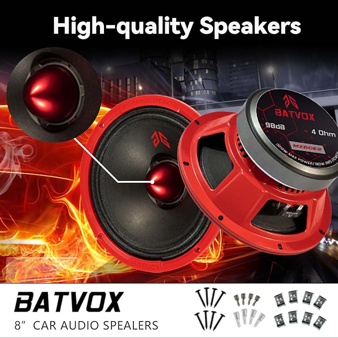 MX80E2 Loudspeaker 8 Inch Midrange 640 Watts 4 Ohms Red Bullet, Premium Quality Audio Door Speakers for Car or Truck Stereo Sound System, Red (2 Speakers)