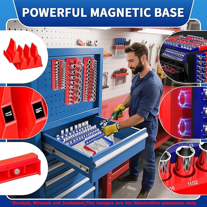Magnetic Socket Organizer Set, 8PCS Socket Holder with 6 Socket Trays & 2 Wrench Racks, Metric & SAE Tool Box Organizer 1/4", 3/8", 1/2" for Garage, Toolbox, Workbench(Socket, Wrench not Included)