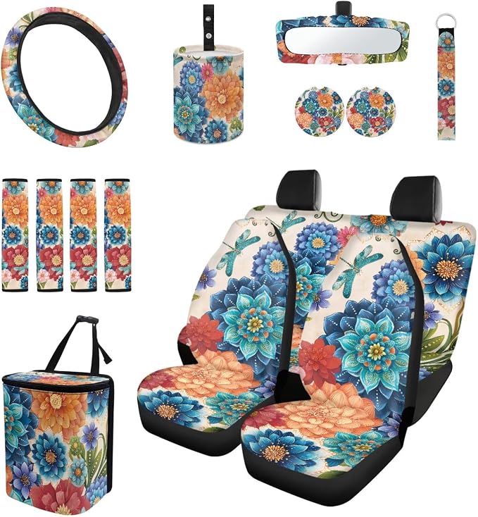 Boho Floral Dragonfly Car Seat Covers Set of 15 with Universal Steering Wheel Cover, Rearview Mirror Cover, Car Trash Can, Seatbelt Pads, Cup Holder Coasters, Keychains
