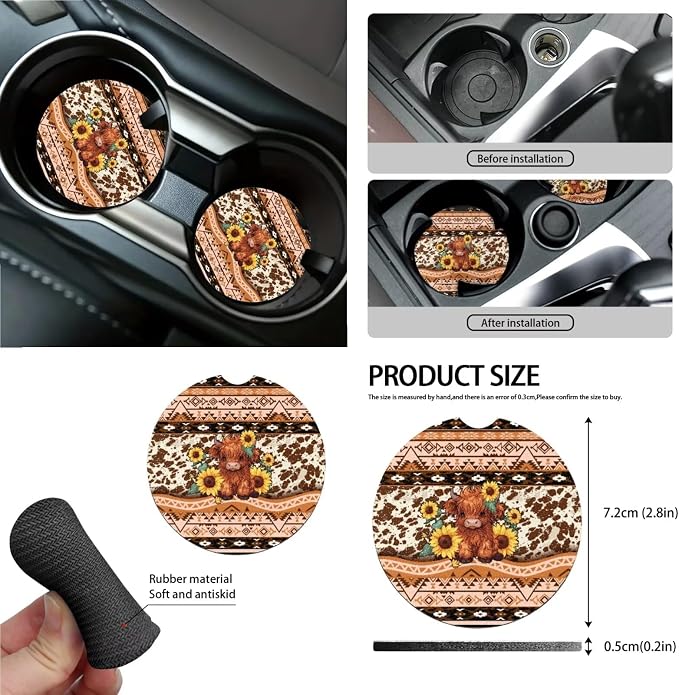 Aztec Tribal Geometric Highland Cow Sunflower Print Car Seat Covers Full Set, Steering Wheel Pad, Car Trash Can, Air Outlet Storage Bag, Seat Belt Pads, Car Coaster, Keychain, Set of 15