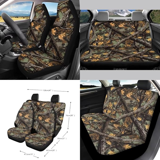 Wanyint Camo Hunting Forest Car Seat Cover Split Covers for Women Men, Steering Wheel Cover Seat Belt Strap Pad Trash Bag Mount Phone Holder Rearview Mirror Accessories Cup Holder Key Chain, 15 PCS