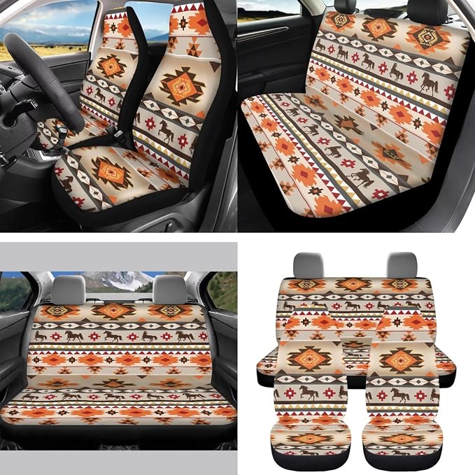 Southwest Print Car Seat Covers Set of 15 with Universal Steering Wheel Cover, Rearview Mirror Cover, Car Trash Can, Seatbelt Pads, Cup Holder Coasters, Keychains