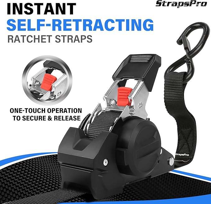 Retractable Ratchet Straps, 1763lb Break Strength Heavy Duty Auto Self Retracting Ratchet Strap with Soft Loops, 1 Inch x 10 Feet Tie Down Straps Easy Retract for Motorcycle Truck Securing Cargo, 4PK