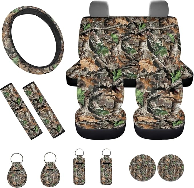 INSTANTARTS Hunting Camo Forest 13 Pcs Car Seat Cover Set Seat Belt Cover Steering Wheel Cover Key Fob Coaster Lipstick Cover Auto Protectors