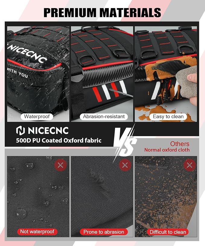 NICECNC Fender Bag with Tool Roll-500D PVC Waterproof Off-Road Storage Bag | Compatible with Motocross Enduro Accessories, Reflective Design Motorcycle Dirt Bike,Red
