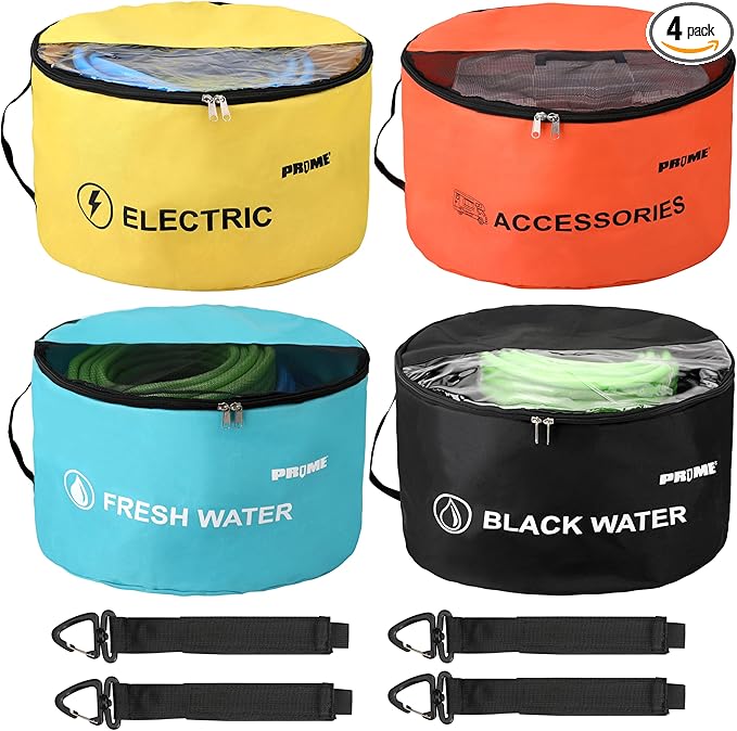 PR1ME 4 Pack Waterproof RV Hose Bag Storage, Two-Way Zipper Closures and Visible Cover, RV Utility Organizer for Sewer & Fresh Water Hoses, Electrical Cords & Camper Accessories, Color-Coded Design