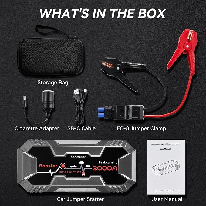 Fathers Day Dad Gifts for Men, Car Battery Jump Starter Portable, 2000A Jump Starter Battery Pack for 8.0L Gasoline and 6.0L Diesel Engines, 12V Jump Box for Car Battery with EC8 Jumper Cables, Black