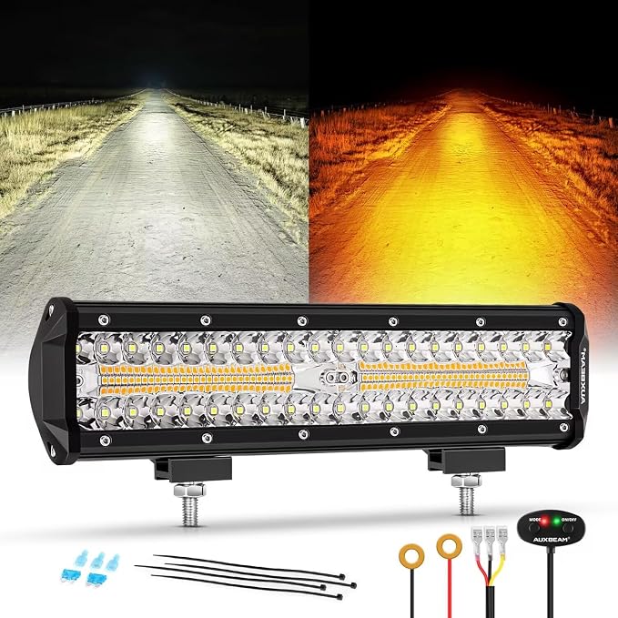 Auxbeam 6 Modes Amber White Series 12-Inch 300W LED Light Bar for Trucks | 6 modes with memory function, Dual-color offroad strobe light, Spot flood combo, Flashing auxiliary fog lamp