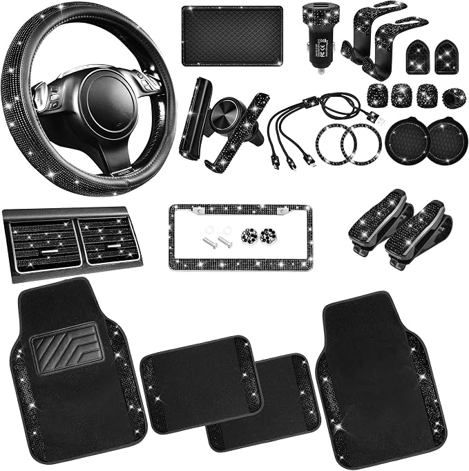 CAR PASS 30 PCS Bling Car Accessories Set for Women, Bling Steering Wheel Covers 15 Inch, Shining Rhinestone License Plate Frame, Sparkly Diamond Phone Holder, Car Mats Full Set, Black