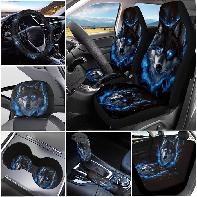 KEIAHUAN Blue Wolf Car Seat Cover Full Set for Men Includes Front and Back Seats Covers Handbrake and Gear Shift Knob Cover Car Headrest Steering Wheel Cover Cup Holder 11 Pcs