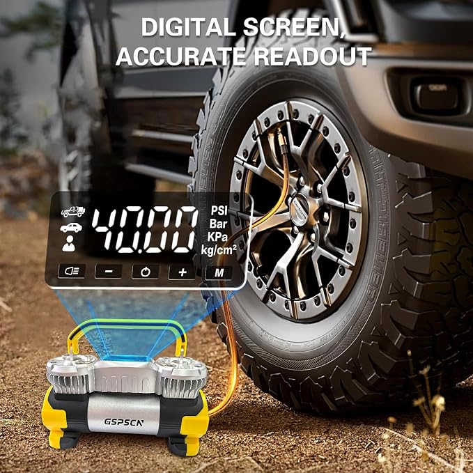 GSPSCN Digital Tire Inflator 12V Heavy Duty Metal Portable Air Compressor | 6X Faster Inflation Auto Shut-off Dual Cylinder Air Pump 150PSI LED Light w/Pencil Pressure Gauge for Car,Pickup,SUV,RV,Balls