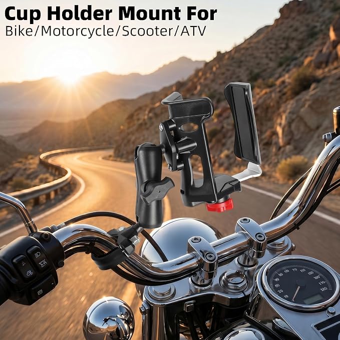 Heavy Duty Motorcycle Cup Holder, Metal Handlebar Mount for Harley Bike ATV | Dual 360° swivel keeps drink level. Fits 0.5-1.3" bars & 2.36-3.54" water bottles. Non-slip, holds up to 32oz. Durable alloy.