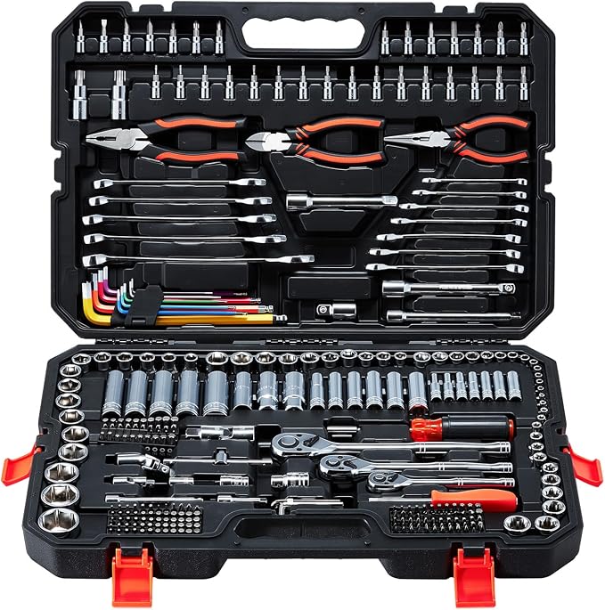 VEVOR Mechanics Tool Set, 314-Piece Mechanic Tool Kit, 1/4 in, 3/8 in, and 1/2 in Drive, Metric Socket Set, Wrenches, Screwdriver Bits, Accessories, and Storage Case, for Automotive and Home Repair