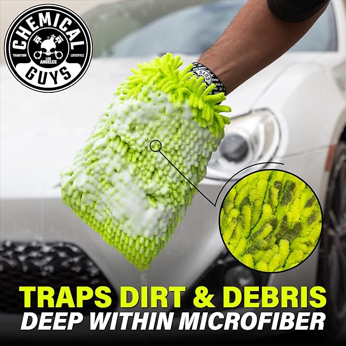 Chemical Guys MIC493 Chenille Premium Scratch-Free Microfiber Wash Mitt, Lime Green, 9.6" x 2.3" x 7" (Pack of 2)