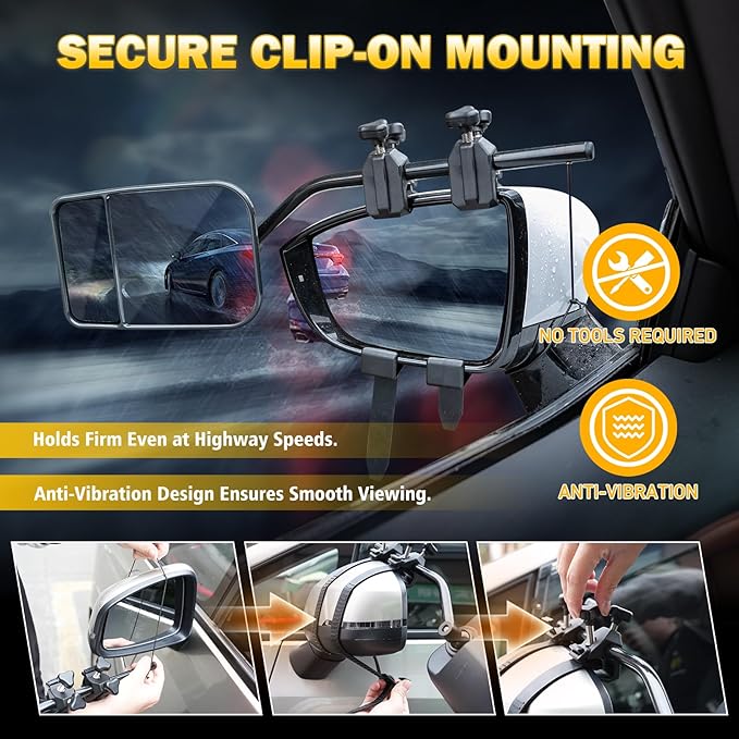 Universal Clip on Towing Mirrors Extensions for Towing, 360 Degree Adjustable Rotation Side Mirror Extenders for Towing, Convex Rearview Mirror, Tow Mirrors for Car Truck Trailer RV SUV, 2 Pack