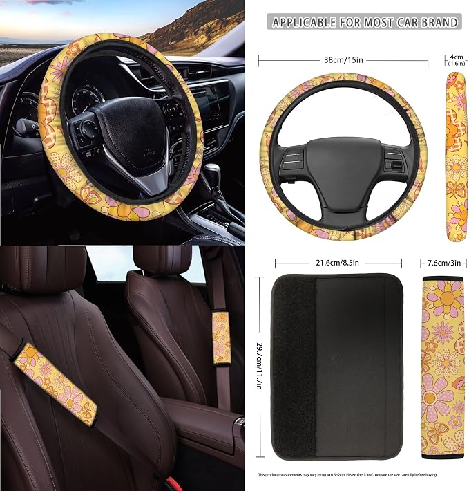 Hippie Flower Print 15 PCS Car Front Back Seat Cover Full Set, Seat Belt Strap Pad Steering Wheel Covers Air Vent Storage Bag Cup Holder Rear View Mirror Cover Key Chain Auto Decor