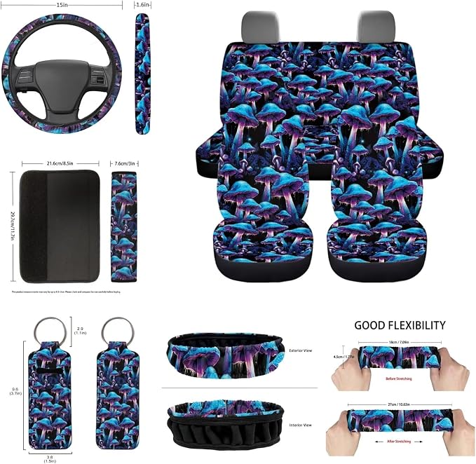 Purple Mushroom Auto Seat Covers Full Set+Mushrooms Coaster for Car+Mushroom Steering Wheel Covers+ Keychains+Vehicle Interior Mirror Covers+Handbreak Gear Shift Cover for Cars