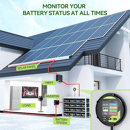 0-500A Battery Monitor with Shunt, 8-120V IP68 Waterproof LCD Screen with Buzzer Alarm for RV Solar Marine Off-Grid System, Capacity Percentage Time Power Voltmeter Display
