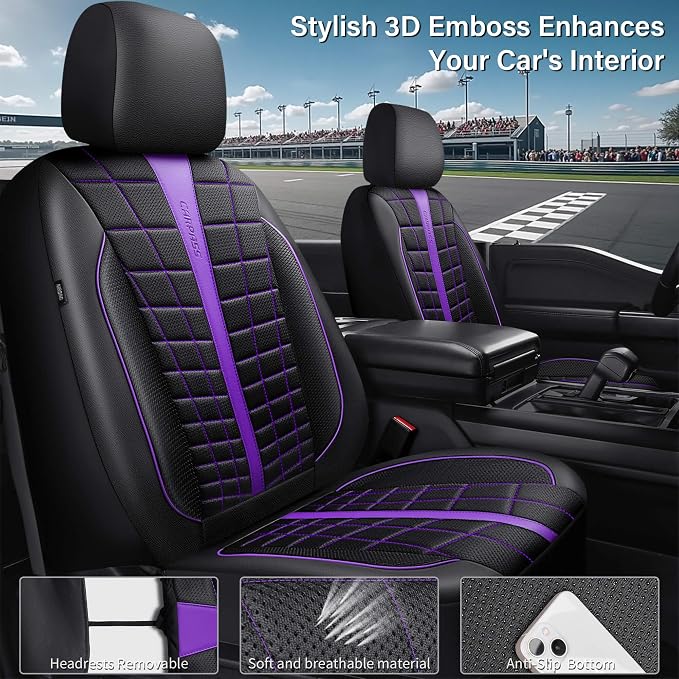 CAR PASS 3D Foam Mesh Leather Car Seat Covers Full Set, Breathable Premium Leather Seat Covers for Car,Anti Slip Universal Fit for Trucks Cars Sedans Vans SUVs, Airbag Compatible, Black Purple