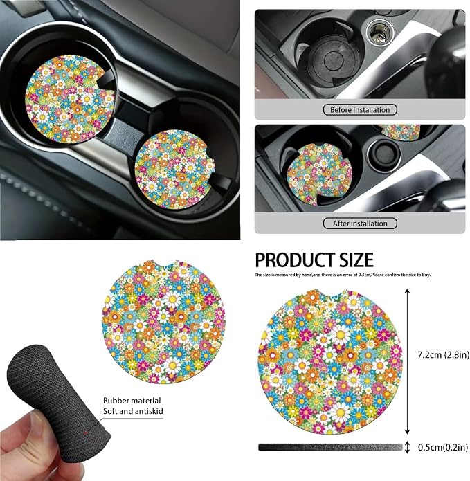 15Pcs Car Seat Cover Full Set Car Steering Wheel Cover Seat Belt Cover Trash Bin Air Vent Storage Box Front Rear View Mirror Car Cup Holder Keychain, Vibrant Hippie Flower