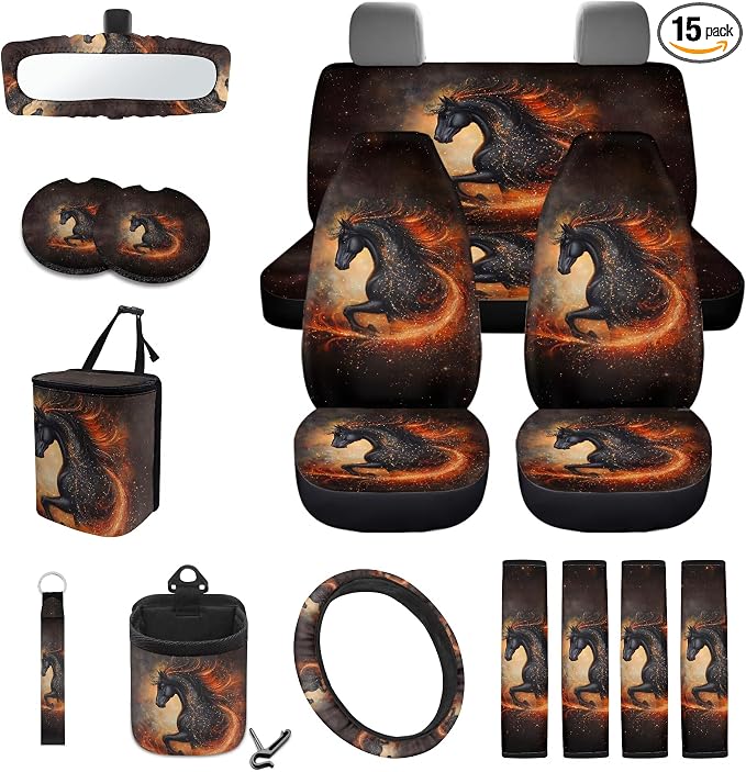 Horse Flame Print Car Accessories Full Set of 15 Car Seat Covers Seatbelt Strap Covers Steering Wheel Cover Air Vent Storage Bag Rearview Mirror Cover Cup Holder Key Chain Car Decor