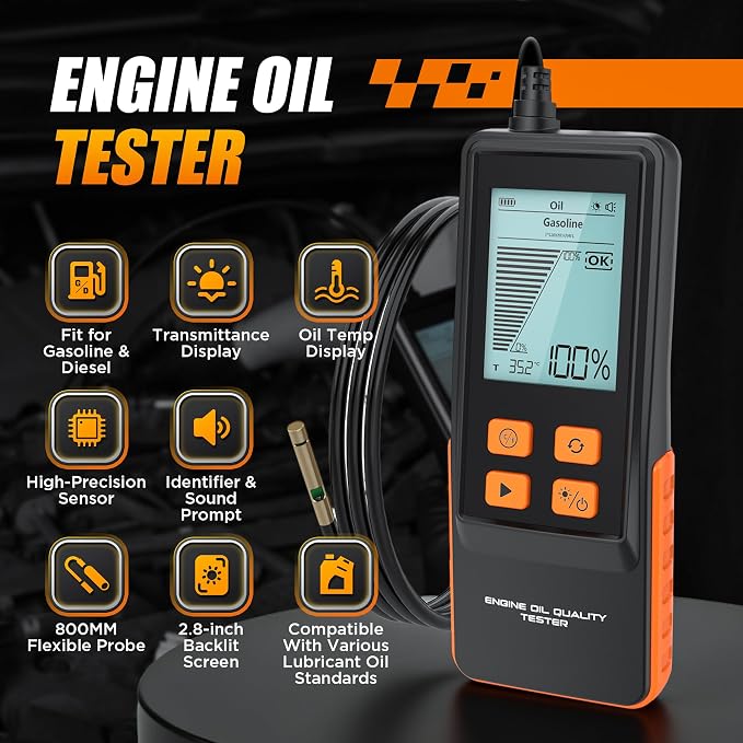 Engine Oil Tester Gasoline & Diesel Engine Oil Quality Tester, 50-Inch Extended Probe Engine Oil Analyzer with 2.8" LCD, Fast Respons for Vehicles Motorcycle